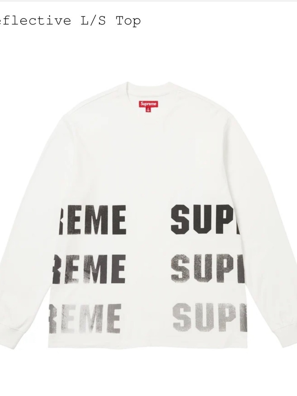 Reflective Supreme White Crewneck Long-Sleeve with Black Logo Repeat
